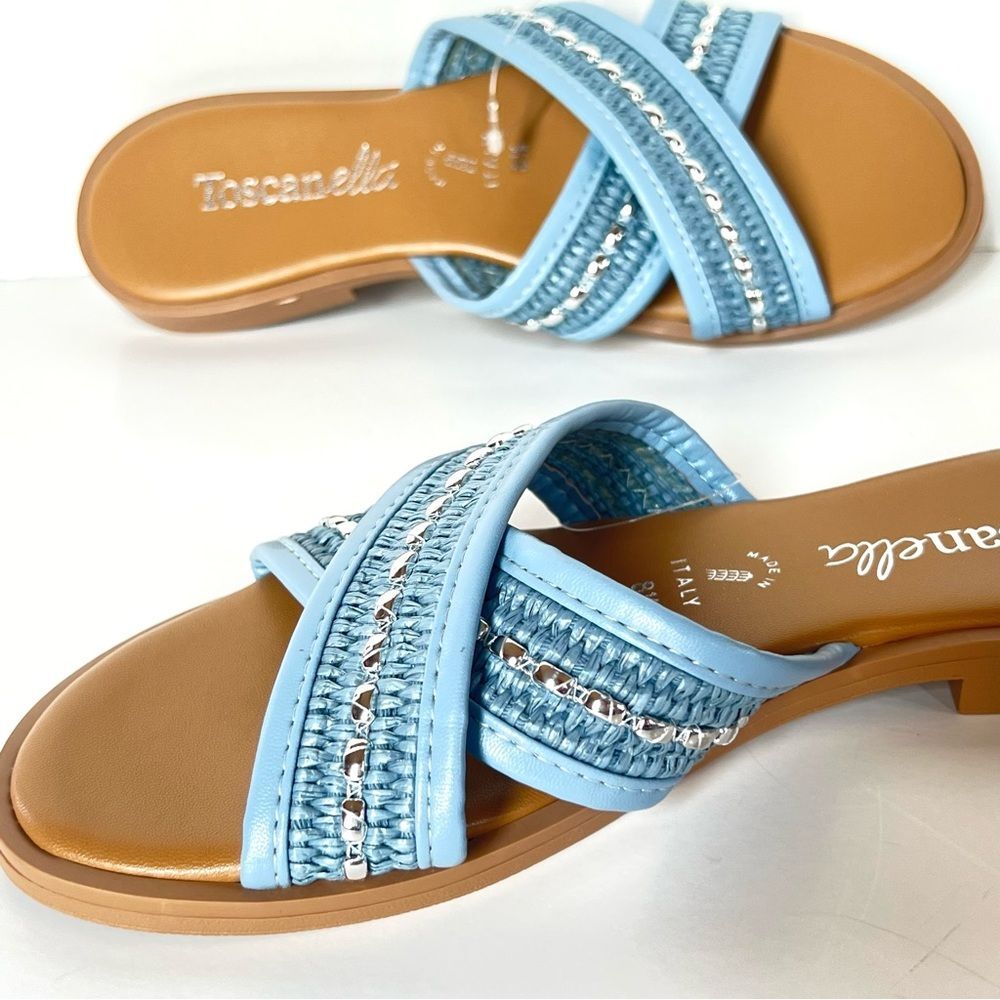 Toscanella Italian Sky Blue Embellished Boho Comfort Slide Sandals SZ 8.5